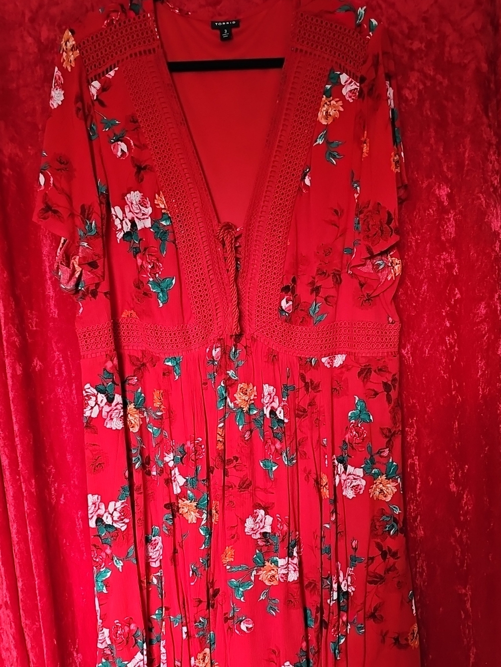 torrid Red Floral Crochet-Trim Maxi Robe